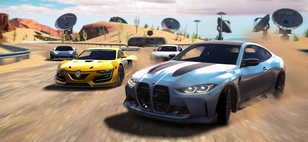 Race Max Pro - Car Racing Game - Un BMW plateado y un Renault deportivo amarillo compitiendo en una pista desértica polvorienta con antenas parabólicas.