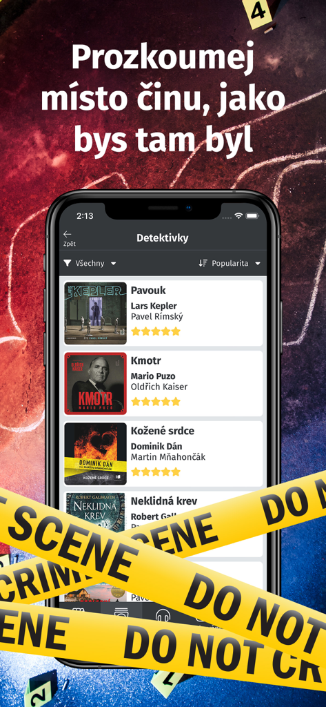 Audiolibrix - Audioknihy - Audiolibrix app interface showing a selection of detective and thriller audiobooks with a crime scene themed background