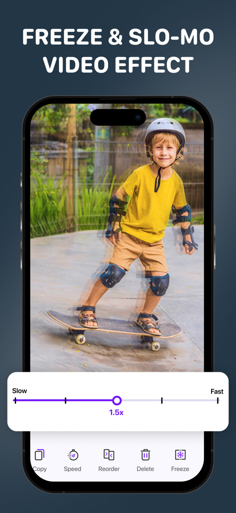 Interfaz de la aplicación Editor de Video que muestra un efecto de cámara lenta y fotograma congelado en un video de un niño patinando.