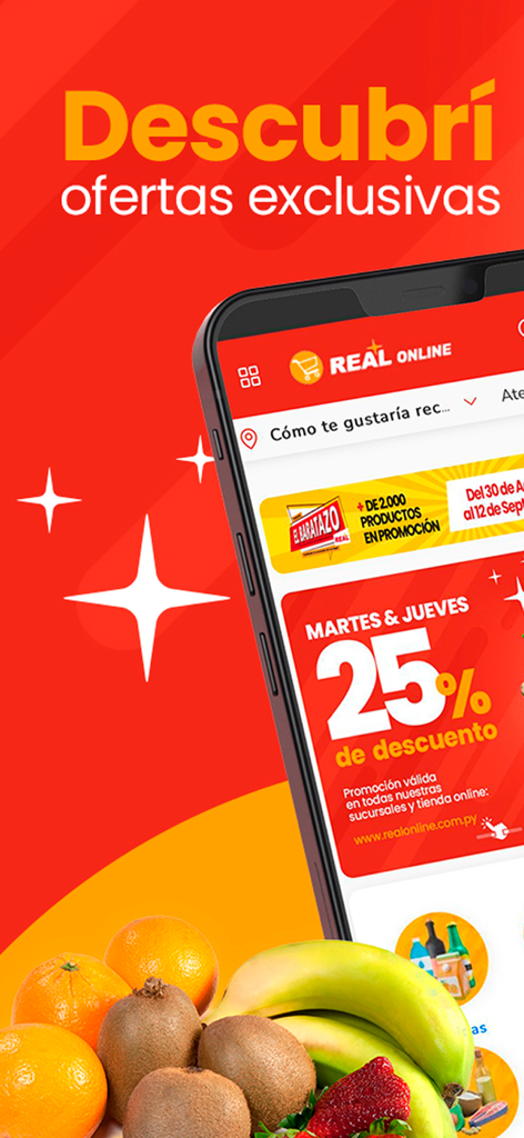 Real online - Application d'épicerie Real Online montrant des réductions exclusives et des fruits frais.