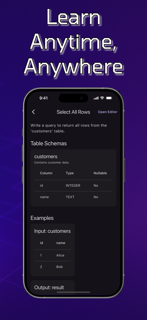SQL Practice: Learn Database - SQL Practiceアプリのインターフェース。顧客テーブルからすべての行を選択するデータベースクエリのレッスンが表示されています。