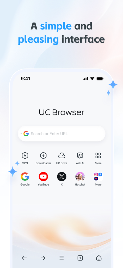 UC Browser app home screen featuring a search bar and quick access icons for VPN and Downloader