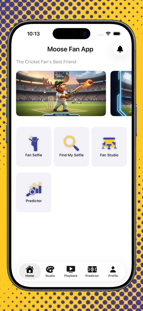 Home screen of the Moose Fans app featuring cricket fan tools like Fan Selfie Fan Studio and Predictor