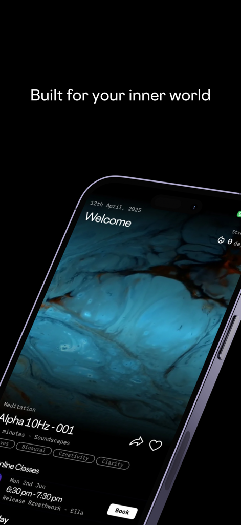 Smartphone displaying The Breath Haus app welcome screen with a meditation session titled Alpha 10Hz and soundscape tags