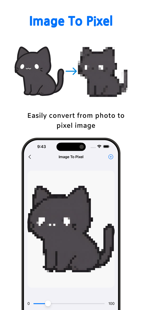 Pixels Art Maker - A mobile app interface showing a cat drawing being converted into pixel art