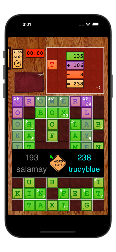 WordXing - WordXing mobile app screenshot showing a competitive word crossing game board with letter tiles and player scores.