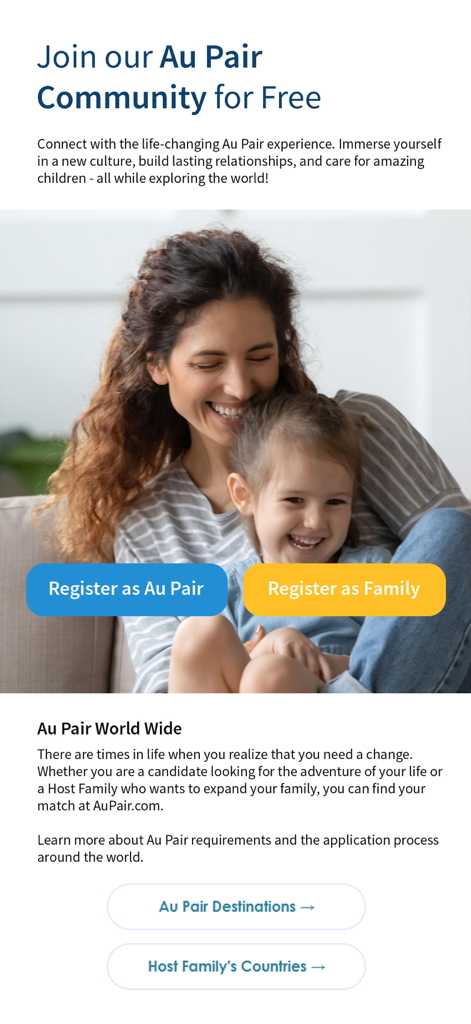 AuPair.com - Registration page of the AuPair app featuring options for au pairs and host families to sign up and join the community.