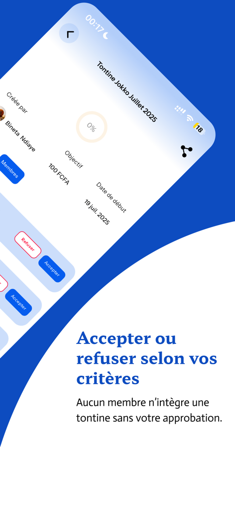 Maman Tontine - Maman Tontine app screen showing the interface for approving or rejecting member requests to join a savings circle.