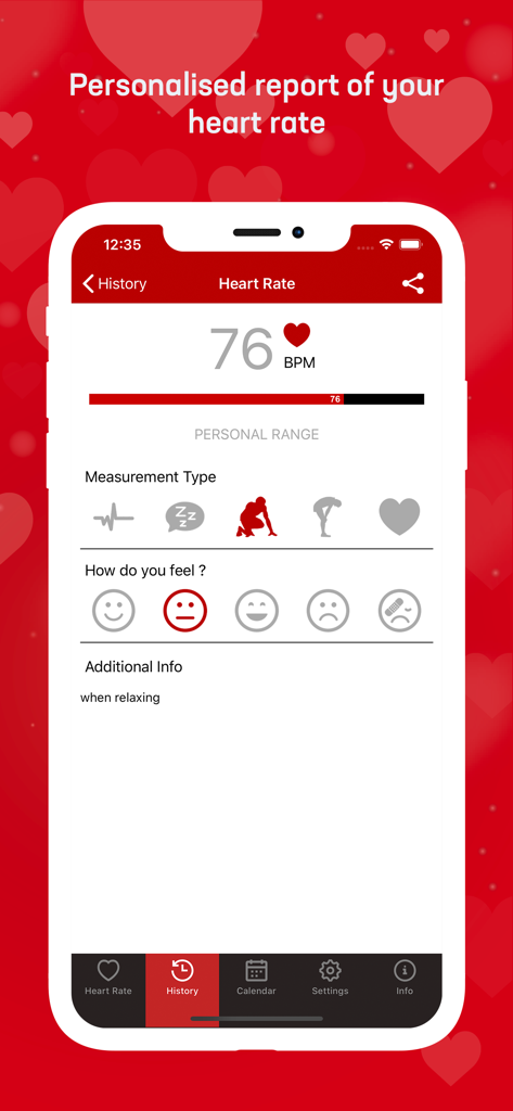 Heart Rate & Pulse Tracker - Mobile app screen showing a personalized heart rate report with measurement types and pulse history.