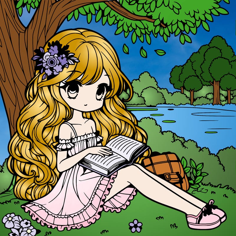 cute anime girl with long wavy hair and a flower in it wearing a flowy short dress sitting by tree in beautiful garden in summer reading a book from side view