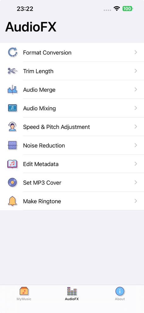 MP3Converter-Video2MP3 & Tools - Interface de l'application AudioFX montrant une liste de fonctionnalités d'édition audio telles que la conversion de format, le découpage, la fusion et la réduction du bruit.