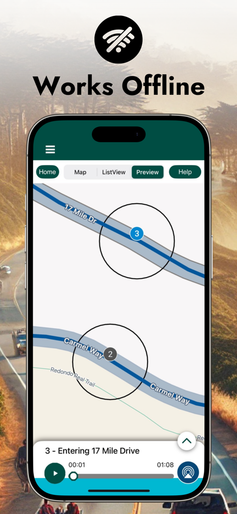 17 Mile Drive Audio Tour Guide - 17 Mile Drive audio tour app interface showing the offline map navigation and GPS triggered audio player