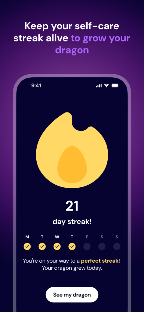 Musa: Period & Self-Care Pet - Un'interfaccia di app mobile che visualizza una striscia di cura di sé di 21 giorni con una grande icona di fiamma e un indicatore di progresso.