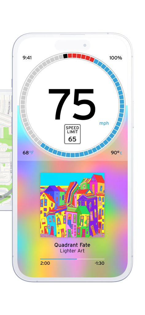 Digital speedometer interface with current speed and integrated music player controls