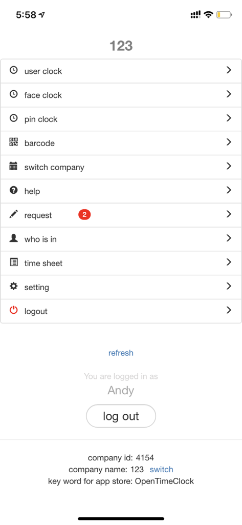 OpenTimeClock - OpenTimeClock app interface menu showing time clock options and management tools