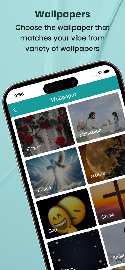 KJV Apocrypha - KJV伪经应用程序的界面，显示各种宗教和励志壁纸类别，如和平与十字架。