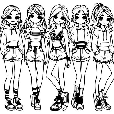 6 cute teenage girls wearing shorts and crop tops and hoodies