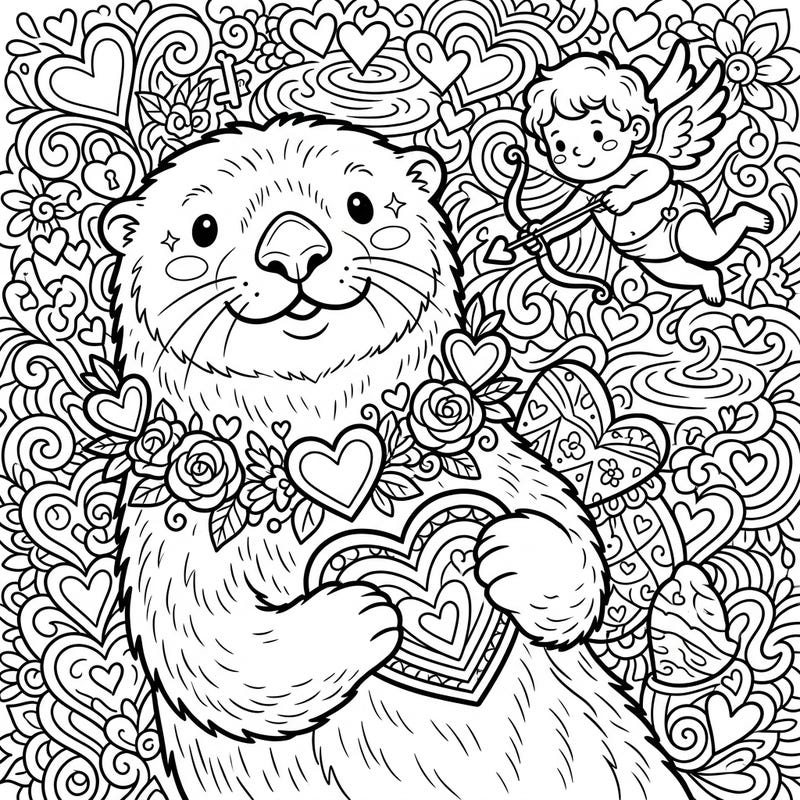 Dive into a world of love with this enchanting Valentine's Day sea otter coloring page, perfect for expressing affection through art. Featuring a charming otter amidst hearts and roses, it's an ideal creative activity for the season of love.