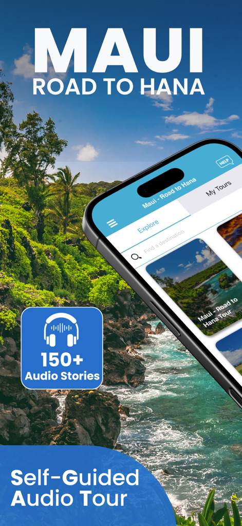 Road to Hana: Maui Audio Tours - A smartphone showing the Road to Hana Maui audio tour app over a scenic coastline
