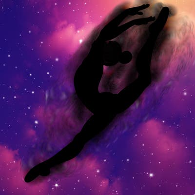 gymnast doing a leap in a leotard with a bent back leg