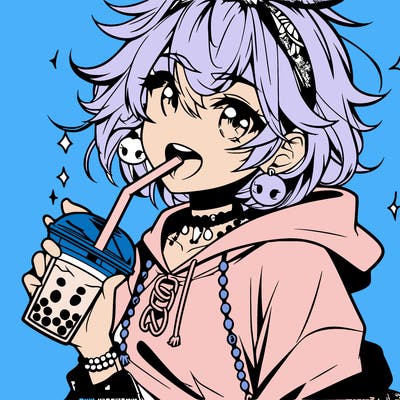 hot baddie anime girl drinking boba and biting the straw