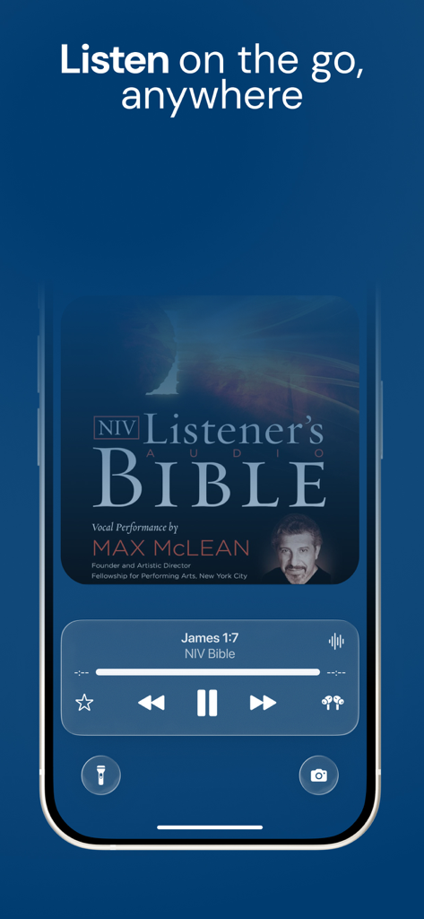 NIV Bible - Reproductor de audio de la aplicación Biblia NIV mostrando la Biblia de Audio del Oyente narrada por Max McLean