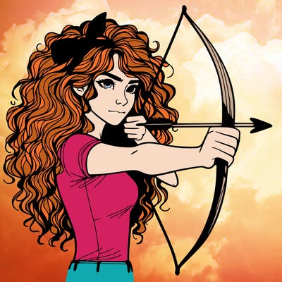 a woman with curly and messy hair using a bow to shoot arrow realistic
