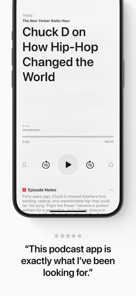 Neuecast: Podcast App - Screenshot of the Neuecast podcast player showing a clean interface and a five-star user review.