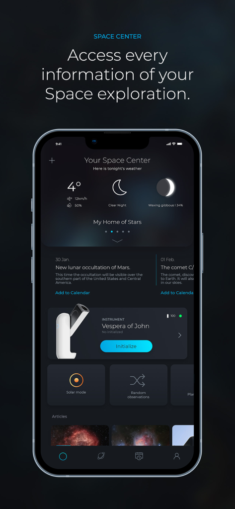 Interface du centre spatial de l'application Singularity by Vaonis affichant la météo, les phases lunaires et les commandes du télescope
