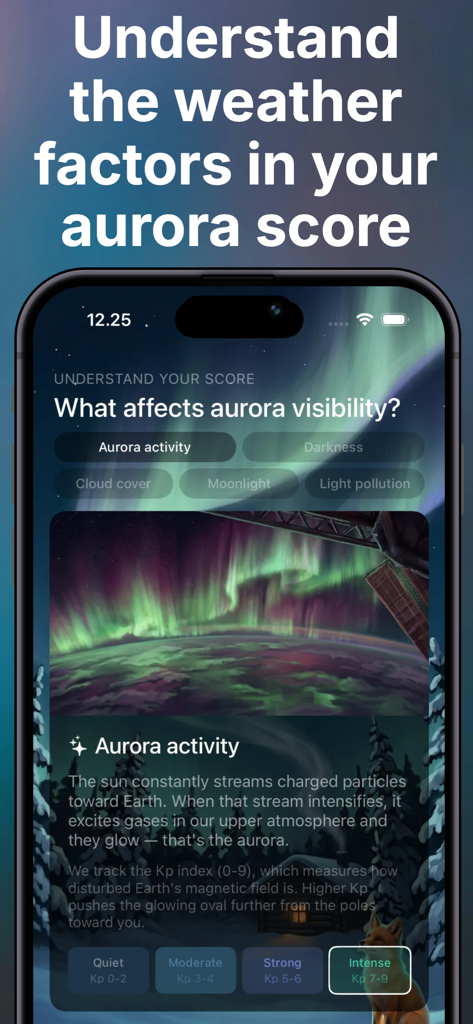 Aurora Forecast Alerts - Revon - Aurora Forecast Revon app educational screen explaining factors like Kp index and cloud cover for northern lights visibility