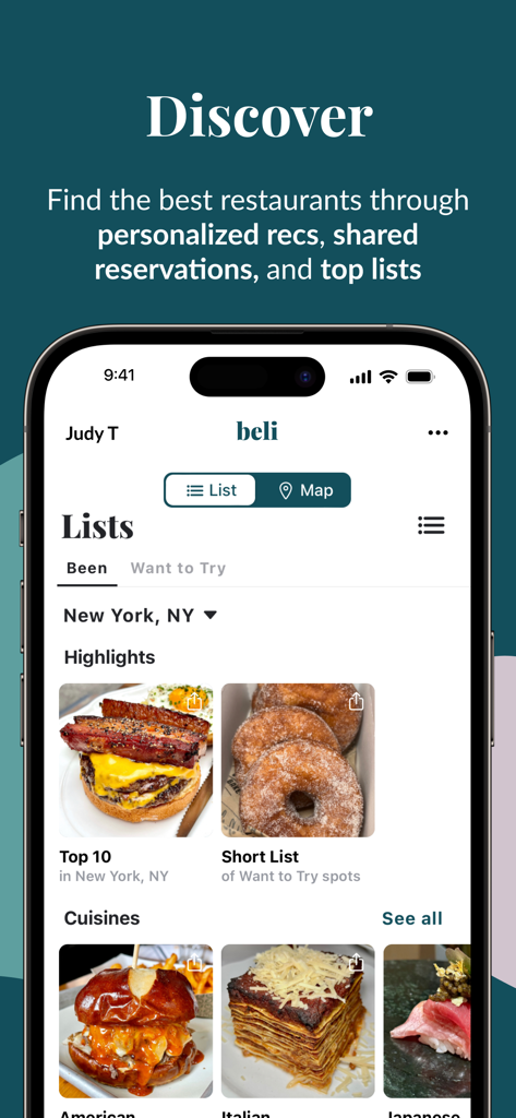 Beli - Beli app screen displaying personalized restaurant lists and top food recommendations in New York City.