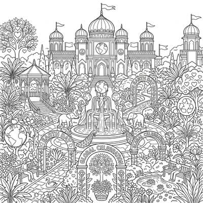 Immerse yourself in a breathtaking palace garden designed to honor Earth Day. This detailed coloring page invites you to explore lush landscapes, majestic architecture, and powerful symbols of global environmental celebration.