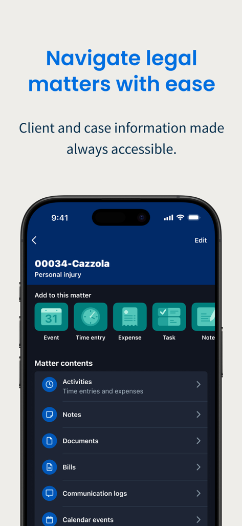 Clio for Law Firms and Lawyers - Um smartphone mostrando a interface do aplicativo Clio para gerenciar um assunto jurídico com acesso a notas do caso, documentos e registro de tempo