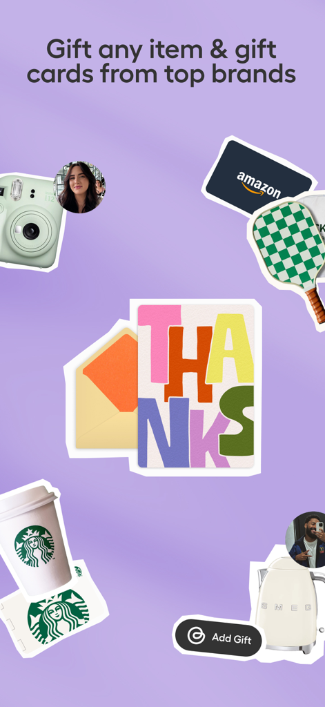 Collage of digital gift cards from top brands like Amazon and Starbucks with a colorful thank you card