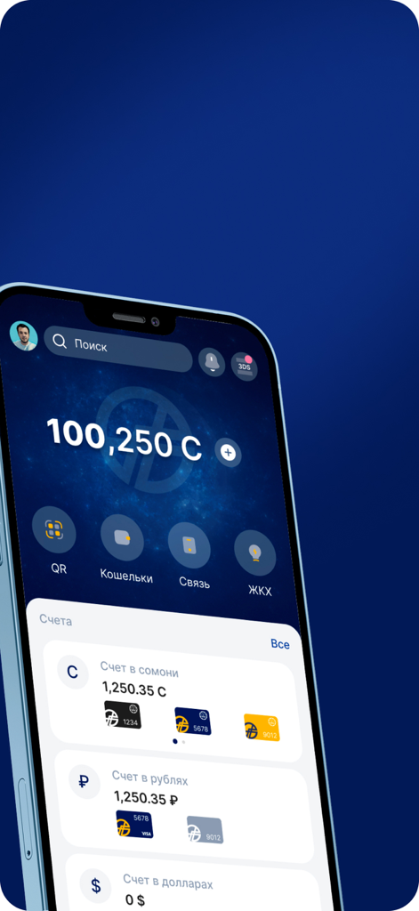 Oriyon 24 - Smartphone screen displaying the Oriyon 24 mobile banking dashboard with account balances and financial service icons