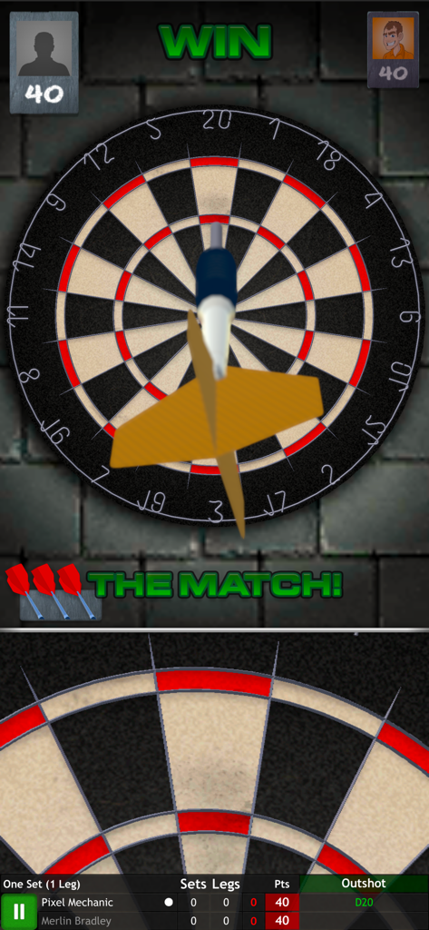 Gameplay screenshot of Bulls i Darts showing a winning match shot hitting a double twenty on the dartboard