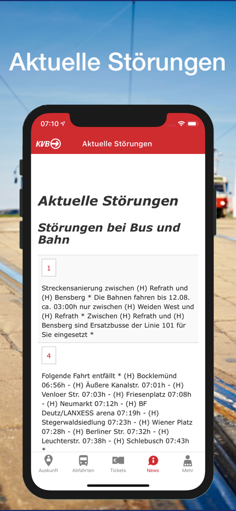 The KVB-App interface displaying current service disruptions and transit alerts for buses and trains in Cologne