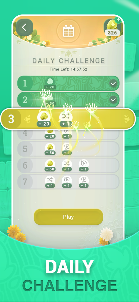 Word Block puzzle game daily challenge screen showing level rewards and progress.