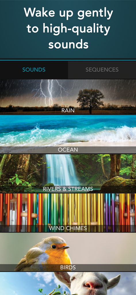 Power Nap Tracker: cycle timer - A selection of high-quality nature sounds for a gentle wake up including rain, ocean waves, and birds.