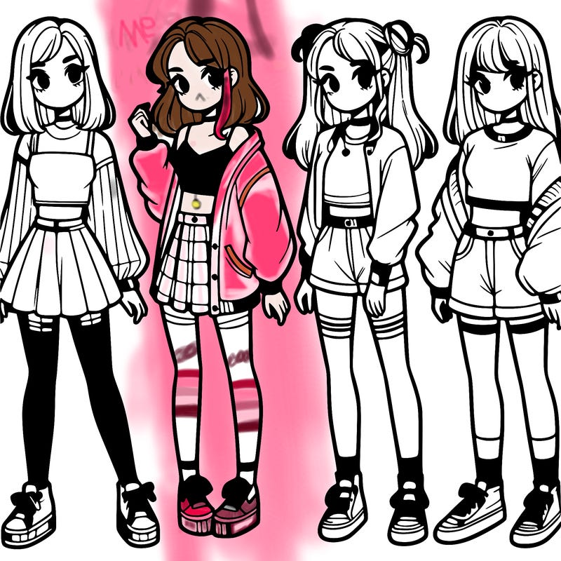 one girl with crop-top shirt and a jacket with a skirt, long socks and another girl with a shirt and pants with a jacket