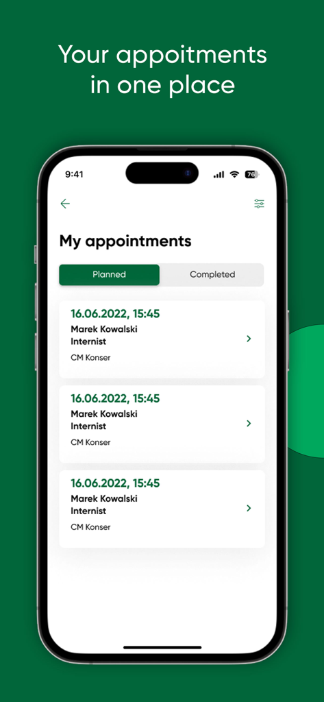 Interface do aplicativo Damian Mobile mostrando uma lista de consultas médicas planejadas com um clínico geral.