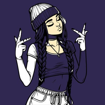 realistic teenage girl with braids and a beanie and crop top doing 🫶🏼