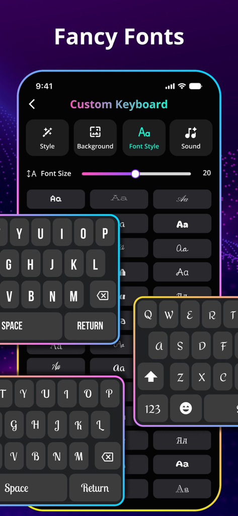 Customizing fancy fonts and styles on a neon RGB keyboard app interface