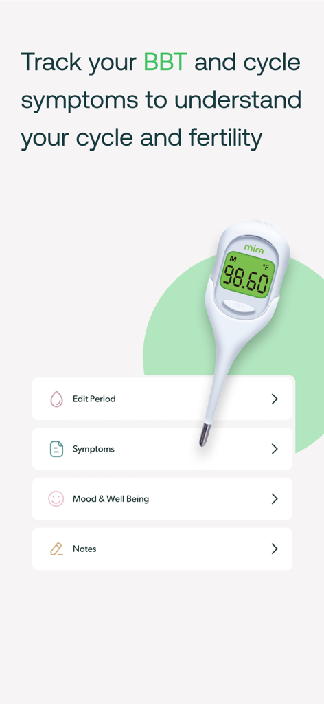 Mira app screen showing basal body temperature and cycle symptoms tracking options