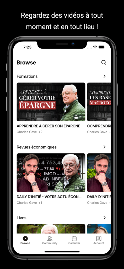 La pantalla de navegación de la app Universite de l'Epargne mostrando videos de formación financiera y análisis económicos de Charles Gave.