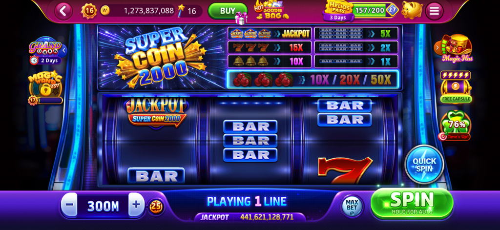 DoubleU Casino Vegas Slots gameplay featuring the Super Coin 2000 slot machine.