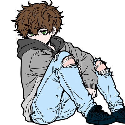 a male hoddie ripped jeans messy hair anime