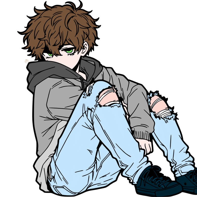 a male hoddie ripped jeans messy hair anime