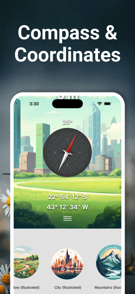 Interface de l'application Altimètre Voyage montrant une boussole numérique et des coordonnées GPS sur un fond de ville illustré.