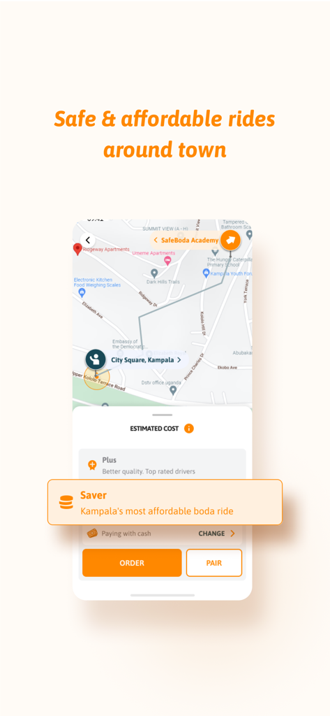 Schermata di prenotazione corse dell'app SafeBoda che mostra una mappa di Kampala e opzioni di trasporto come Saver e Plus
